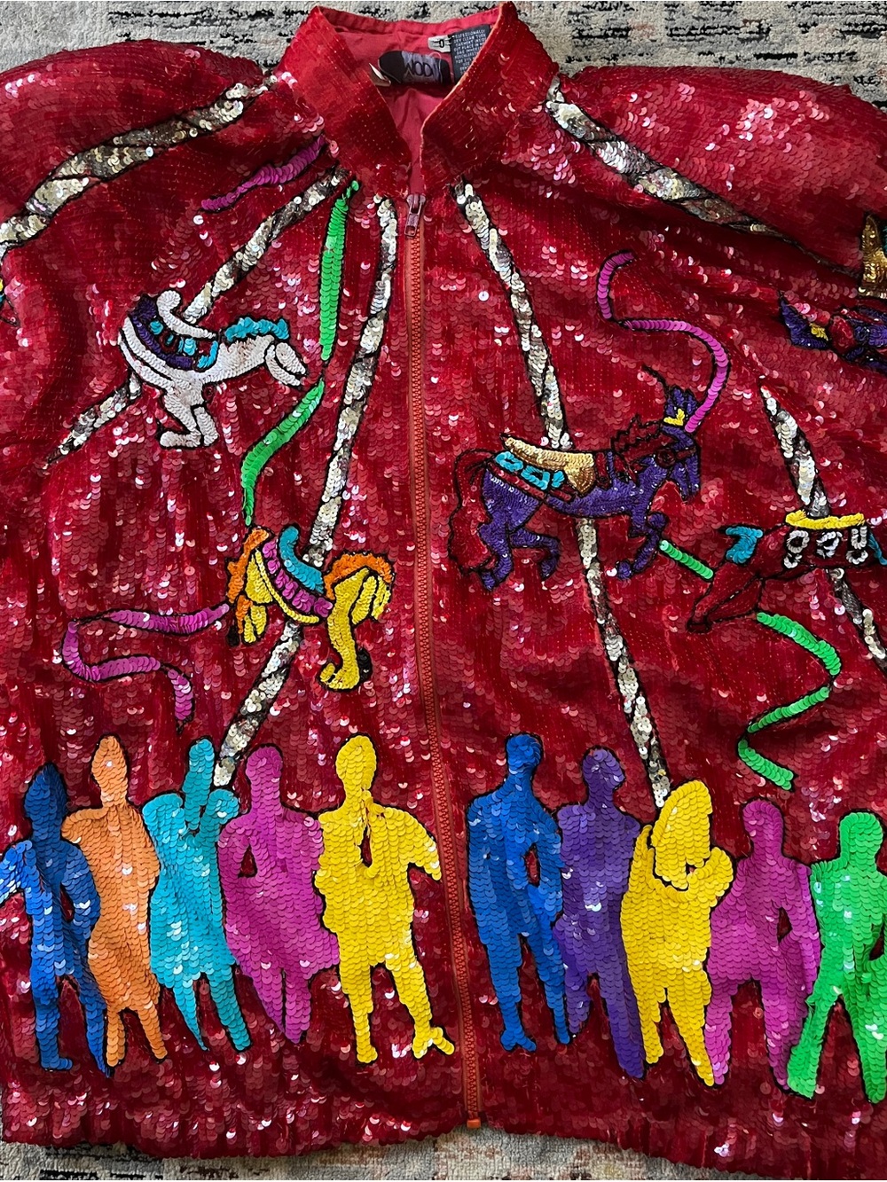 MODI Vintage Sequin Carousel Red Statement Jacket - Medium